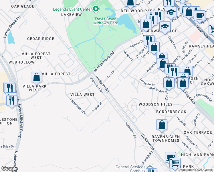 map of restaurants, bars, coffee shops, grocery stores, and more near 414 Montauk Court in Bryan