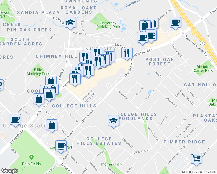 map of restaurants, bars, coffee shops, grocery stores, and more near 900 Monte Carlo in College Station