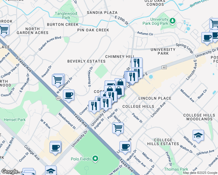map of restaurants, bars, coffee shops, grocery stores, and more near 514 Cooner Street in College Station