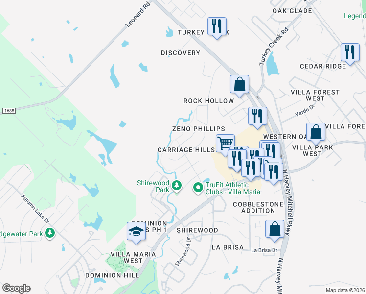 map of restaurants, bars, coffee shops, grocery stores, and more near 1802 White Stone Drive in Bryan