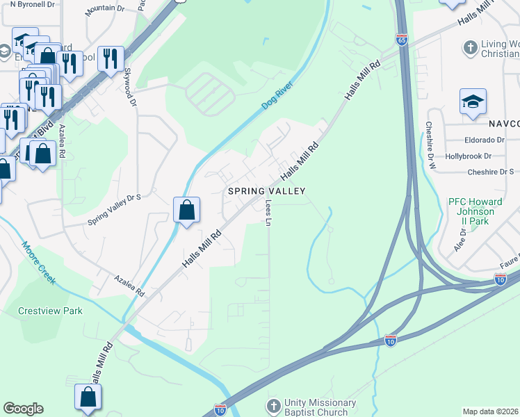 map of restaurants, bars, coffee shops, grocery stores, and more near 3757 Halls Mill Road in Mobile