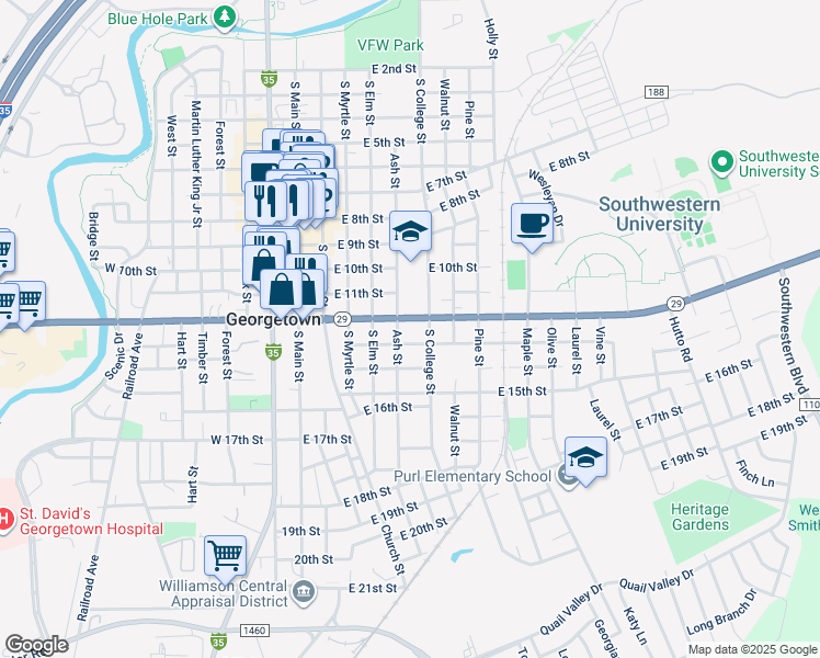 map of restaurants, bars, coffee shops, grocery stores, and more near 1205 Ash Street in Georgetown