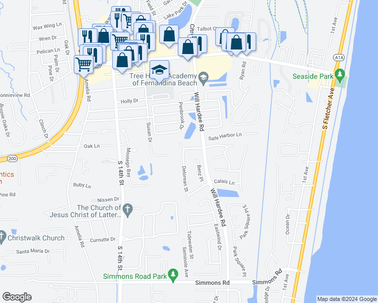 map of restaurants, bars, coffee shops, grocery stores, and more near 1804 Reatta Lane in Fernandina Beach