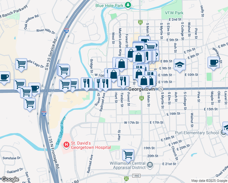map of restaurants, bars, coffee shops, grocery stores, and more near 700 West University Avenue in Georgetown