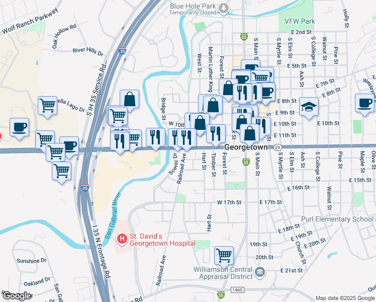 map of restaurants, bars, coffee shops, grocery stores, and more near 710 West University Avenue in Georgetown