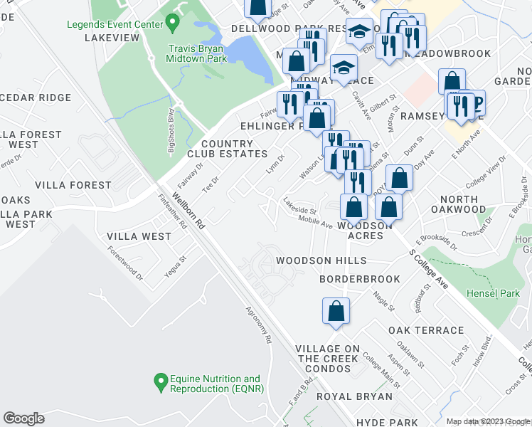 map of restaurants, bars, coffee shops, grocery stores, and more near 239 Festival Drive in Bryan