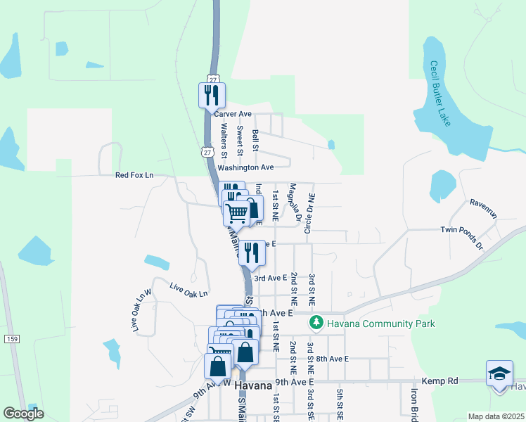 map of restaurants, bars, coffee shops, grocery stores, and more near 905 Indian Street Northeast in Havana
