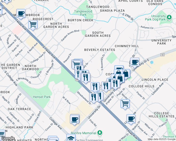 map of restaurants, bars, coffee shops, grocery stores, and more near 714 South Rosemary Drive in Bryan