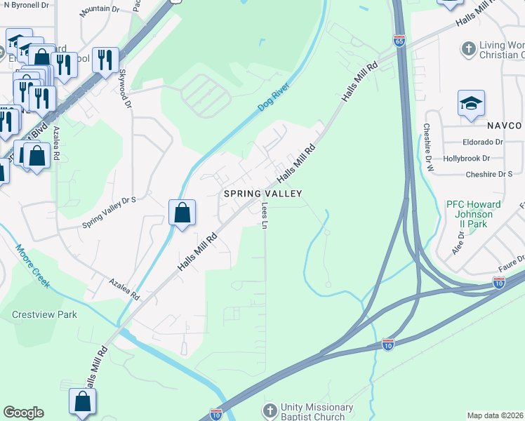 map of restaurants, bars, coffee shops, grocery stores, and more near 3757 Halls Mill Road in Mobile