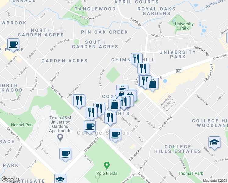 map of restaurants, bars, coffee shops, grocery stores, and more near 509 Cooner Street in College Station