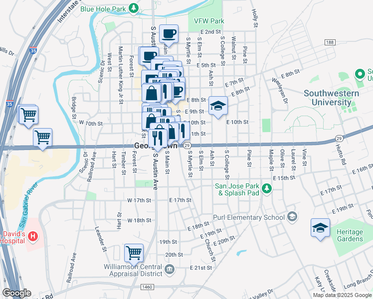 map of restaurants, bars, coffee shops, grocery stores, and more near 206 East University Avenue in Georgetown