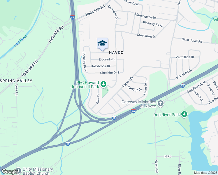 map of restaurants, bars, coffee shops, grocery stores, and more near 2653 Atoll Drive in Mobile