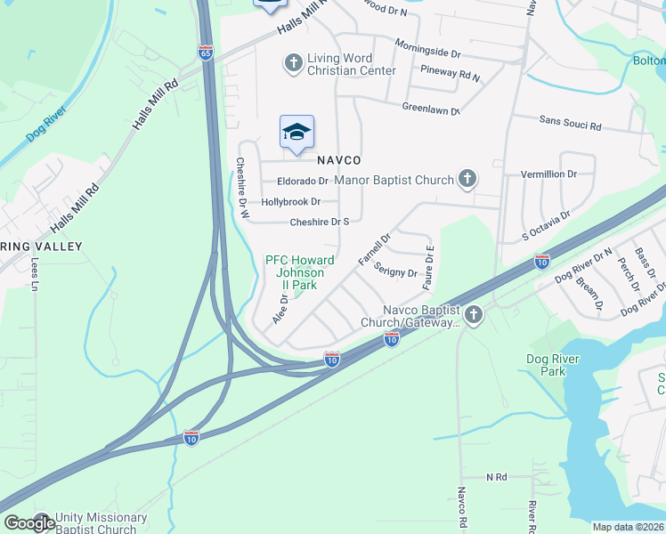 map of restaurants, bars, coffee shops, grocery stores, and more near 1681 Atoll Drive in Mobile