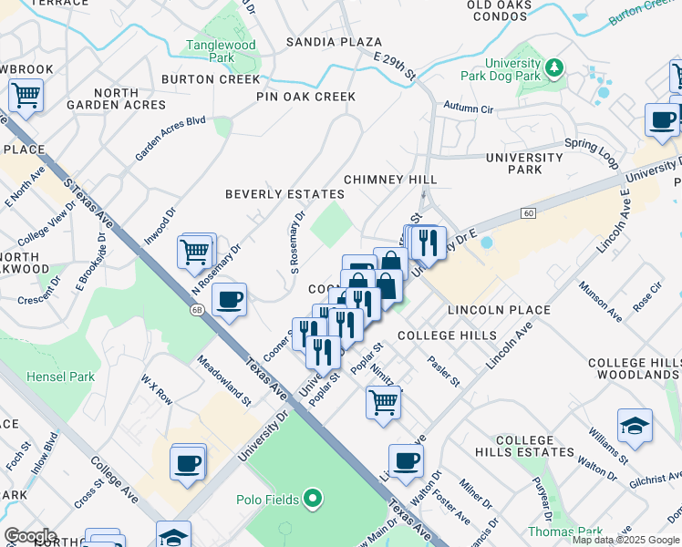 map of restaurants, bars, coffee shops, grocery stores, and more near 509 Cooner Street in College Station