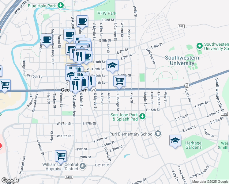 map of restaurants, bars, coffee shops, grocery stores, and more near 1205 Ash Street in Georgetown