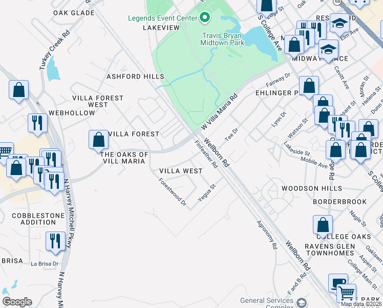 map of restaurants, bars, coffee shops, grocery stores, and more near 704 Navidad Street in Bryan