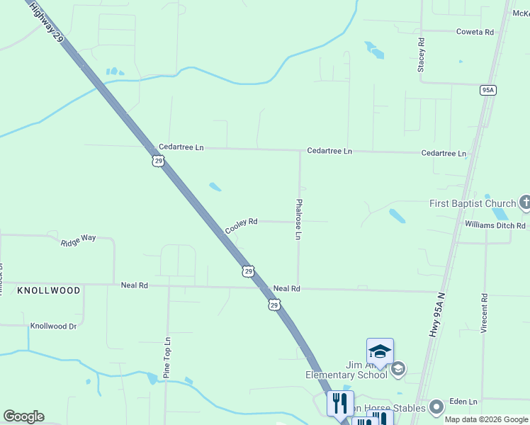 map of restaurants, bars, coffee shops, grocery stores, and more near 650 Cooley Road in Cantonment