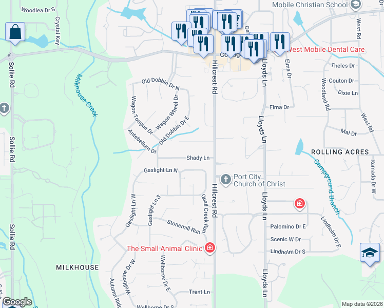 map of restaurants, bars, coffee shops, grocery stores, and more near 6420 Shady Lane in Mobile