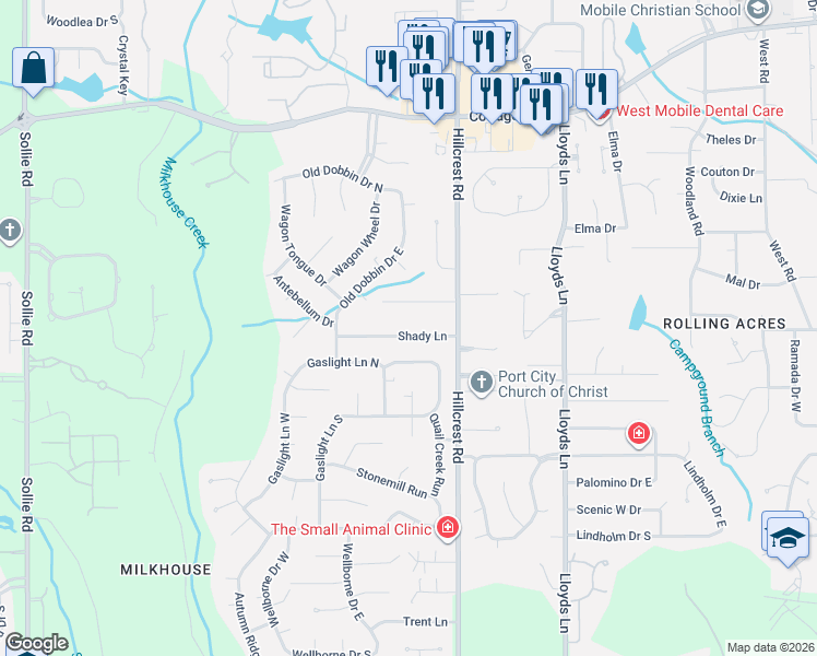 map of restaurants, bars, coffee shops, grocery stores, and more near 6424 Shady Lane in Mobile