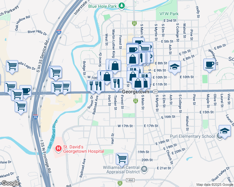 map of restaurants, bars, coffee shops, grocery stores, and more near 410 West University Avenue in Georgetown