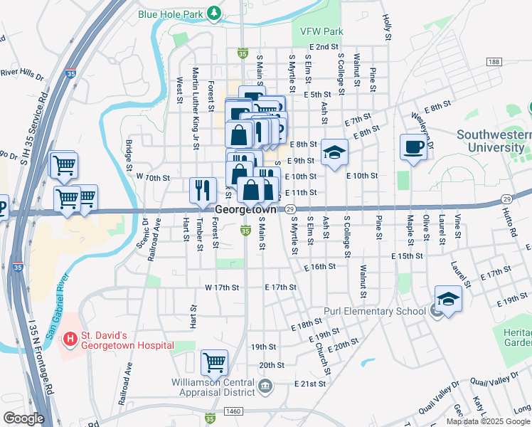 map of restaurants, bars, coffee shops, grocery stores, and more near 1204 South Main Street in Georgetown