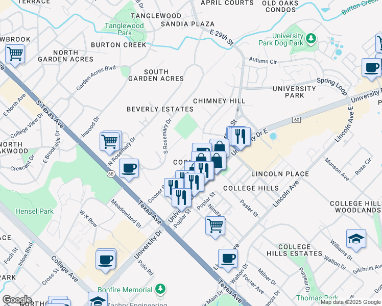map of restaurants, bars, coffee shops, grocery stores, and more near 509 Cooner Street in College Station
