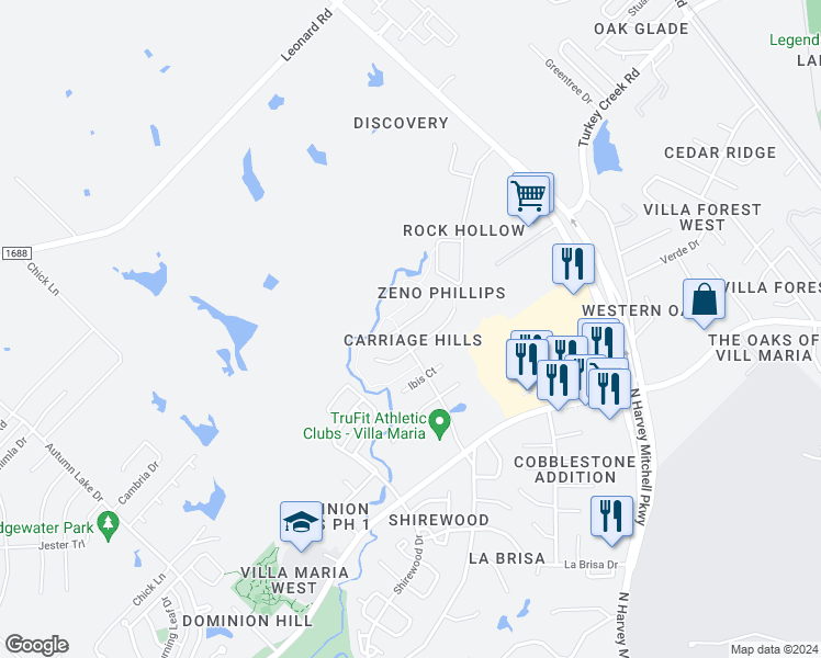 map of restaurants, bars, coffee shops, grocery stores, and more near 1802 White Stone Drive in Bryan