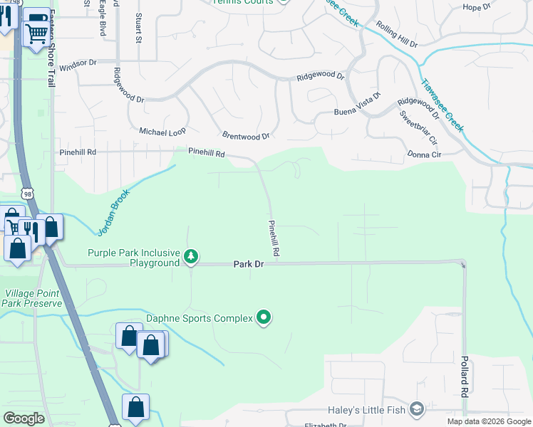 map of restaurants, bars, coffee shops, grocery stores, and more near 7298 Carl Davis Road in Daphne