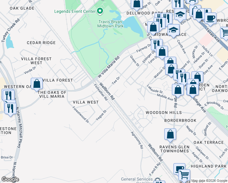 map of restaurants, bars, coffee shops, grocery stores, and more near 414 Montauk Court in Bryan