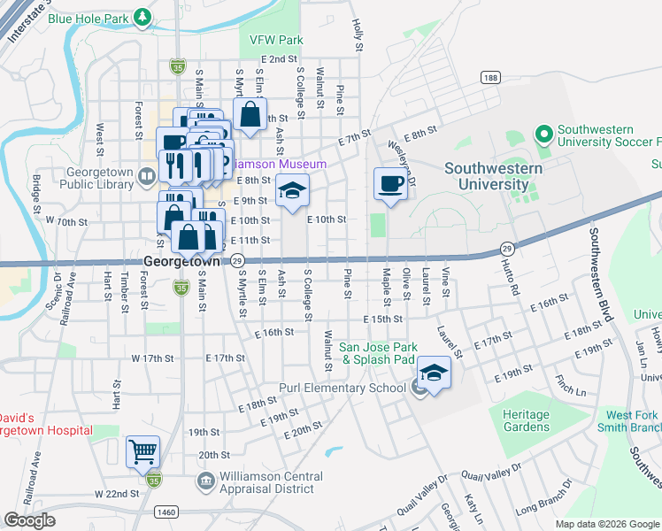 map of restaurants, bars, coffee shops, grocery stores, and more near 702 East University Avenue in Georgetown