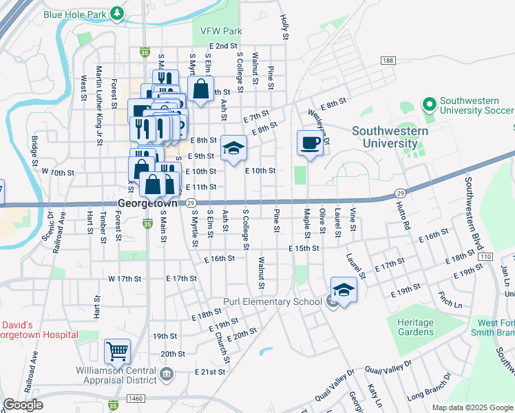 map of restaurants, bars, coffee shops, grocery stores, and more near 614 East University Avenue in Georgetown