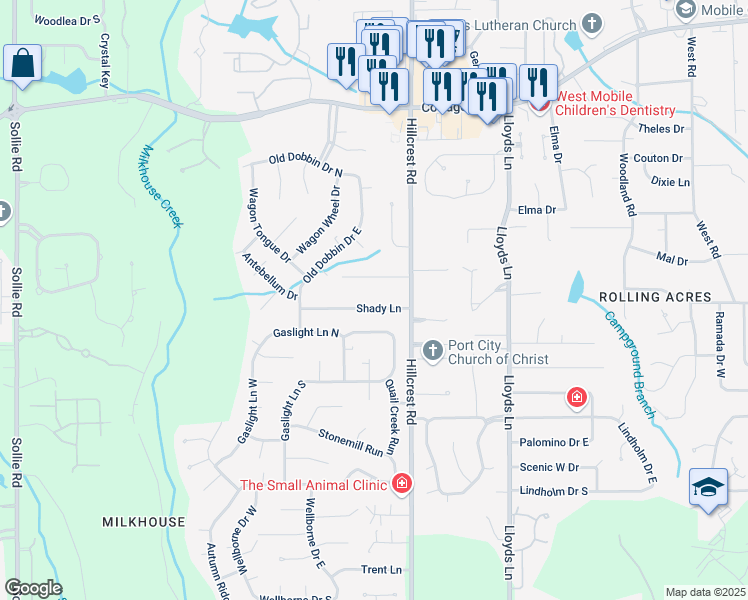 map of restaurants, bars, coffee shops, grocery stores, and more near 6420 Shady Ln in Mobile