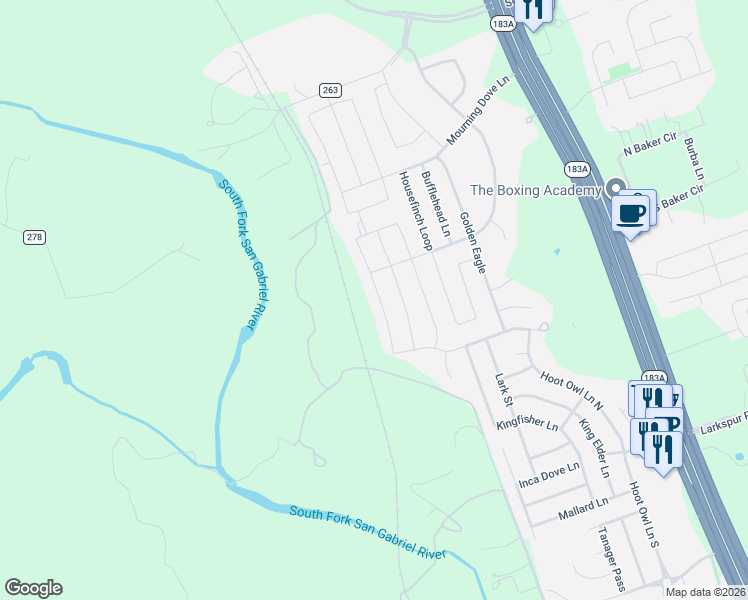 map of restaurants, bars, coffee shops, grocery stores, and more near 169 Prairie Falcon Way in Leander