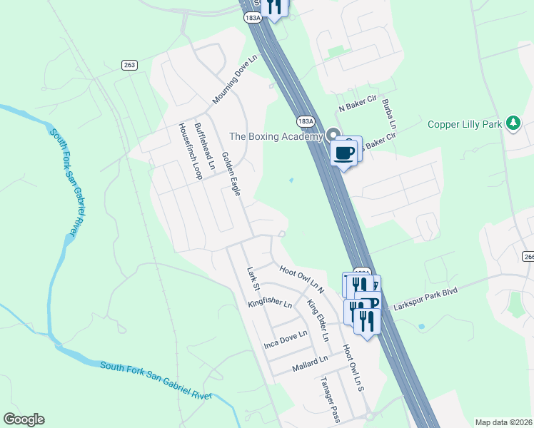map of restaurants, bars, coffee shops, grocery stores, and more near 137 Swallow Cove in Leander