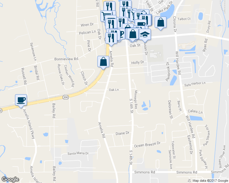 map of restaurants, bars, coffee shops, grocery stores, and more near 842 Oak Lane in Fernandina Beach