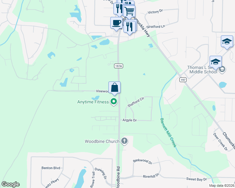 map of restaurants, bars, coffee shops, grocery stores, and more near 5369-5389 County Road 197A in Milton