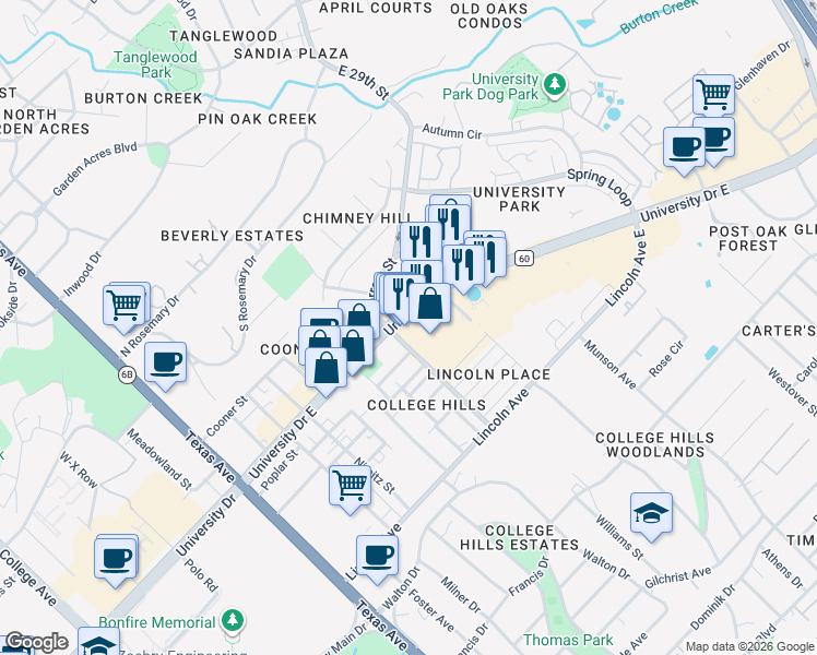 map of restaurants, bars, coffee shops, grocery stores, and more near 700 A University Drive East in College Station