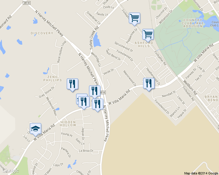 map of restaurants, bars, coffee shops, grocery stores, and more near 1439 Western Oaks Court in Bryan