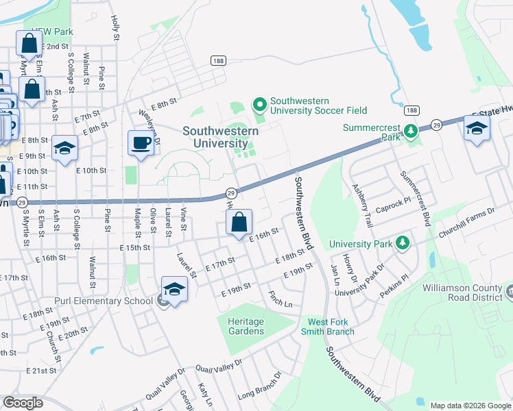 map of restaurants, bars, coffee shops, grocery stores, and more near 1711 McCoy Pl in Georgetown