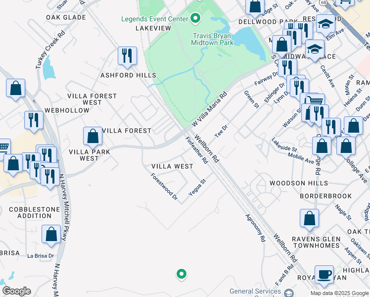 map of restaurants, bars, coffee shops, grocery stores, and more near 704 Navidad Street in Bryan