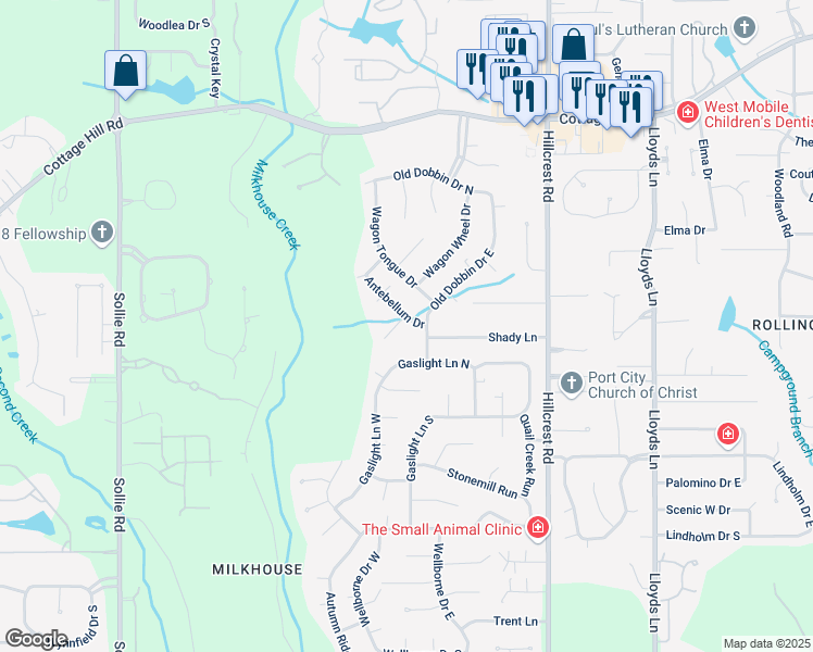 map of restaurants, bars, coffee shops, grocery stores, and more near 6701 Hitching Post Court in Mobile