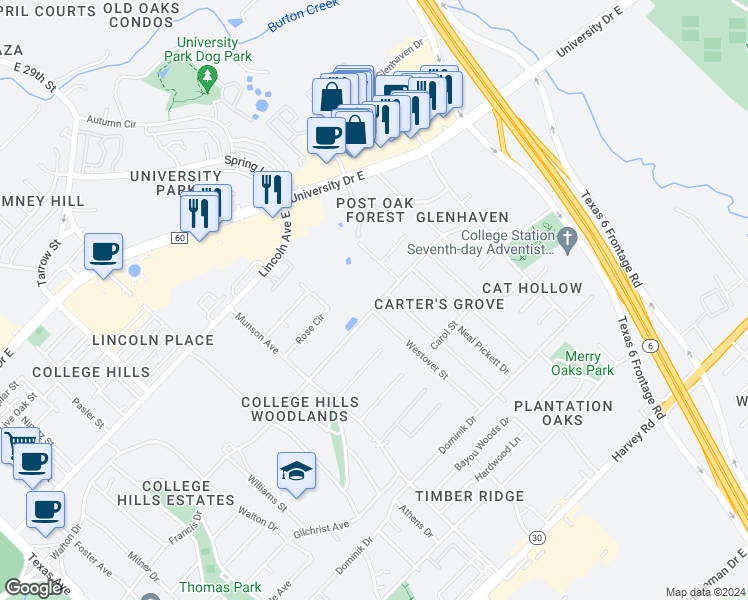 map of restaurants, bars, coffee shops, grocery stores, and more near 1201 Francis Drive in College Station