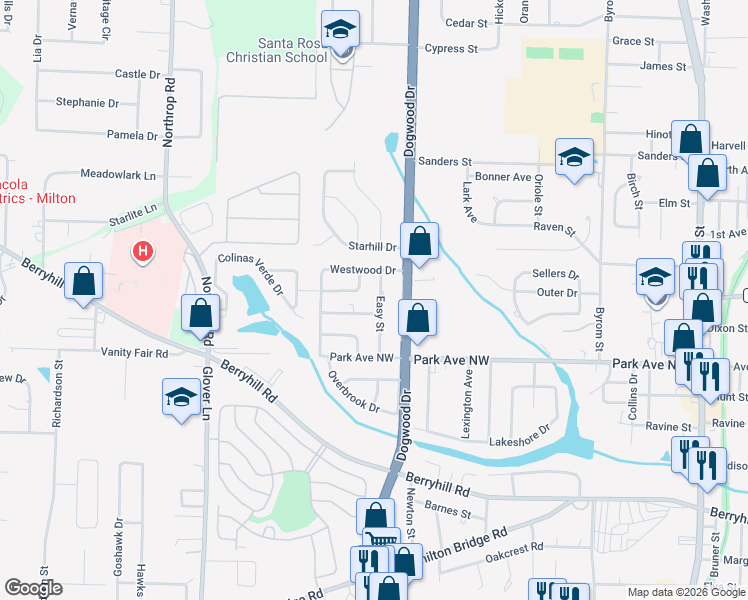 map of restaurants, bars, coffee shops, grocery stores, and more near 5455 Easy Street in Milton