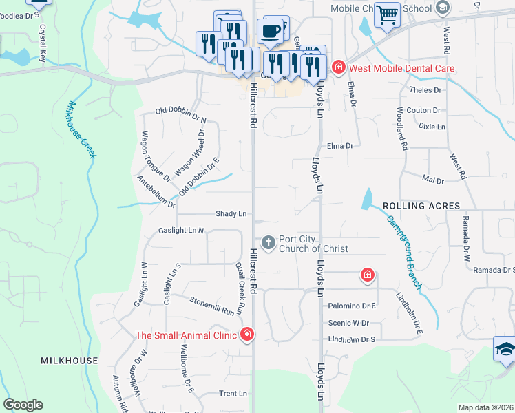 map of restaurants, bars, coffee shops, grocery stores, and more near 2761 Hillcrest Road in Mobile