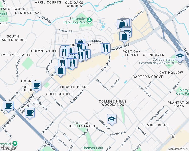 map of restaurants, bars, coffee shops, grocery stores, and more near 901 Munson Avenue in College Station
