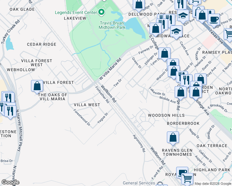 map of restaurants, bars, coffee shops, grocery stores, and more near 414 Montauk Court in Bryan