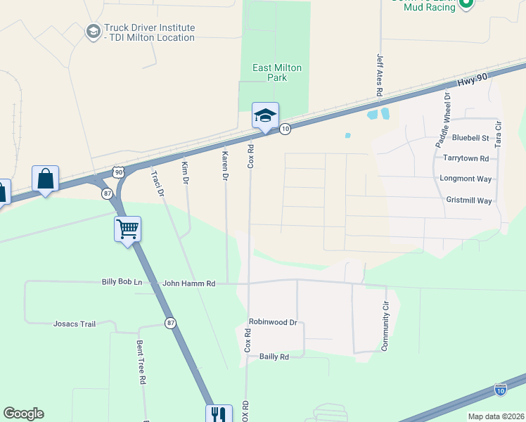map of restaurants, bars, coffee shops, grocery stores, and more near 5444 Cox Road in Milton