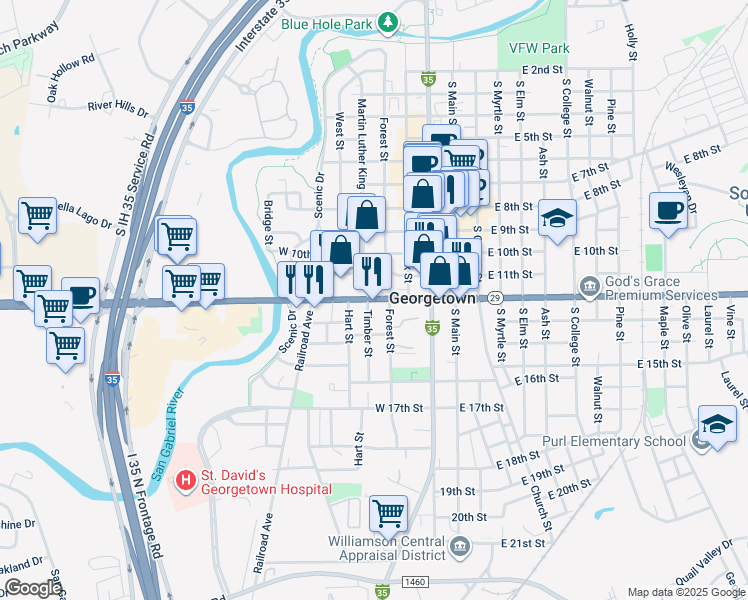 map of restaurants, bars, coffee shops, grocery stores, and more near 410 West University Avenue in Georgetown