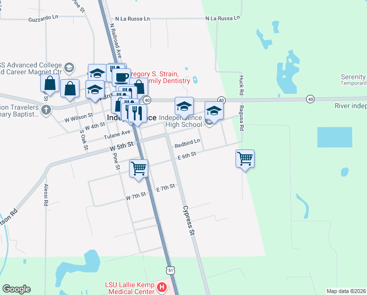 map of restaurants, bars, coffee shops, grocery stores, and more near 142 Redbird Lane in Independence