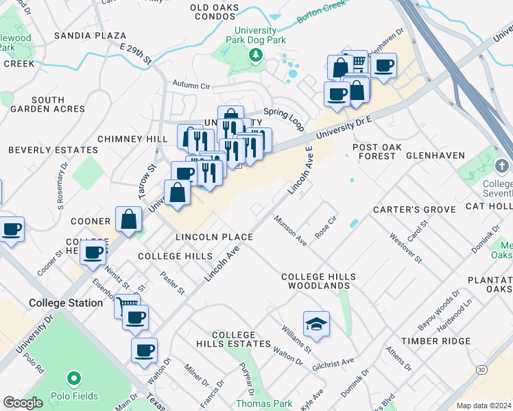 map of restaurants, bars, coffee shops, grocery stores, and more near 910 Monte Carlo in College Station